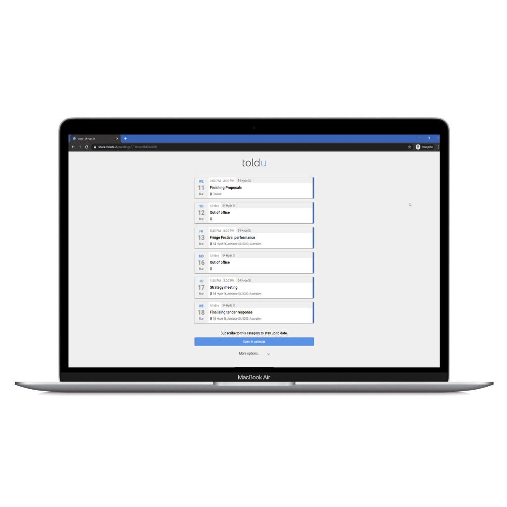 Notebook showing toldu contextual calendar web view